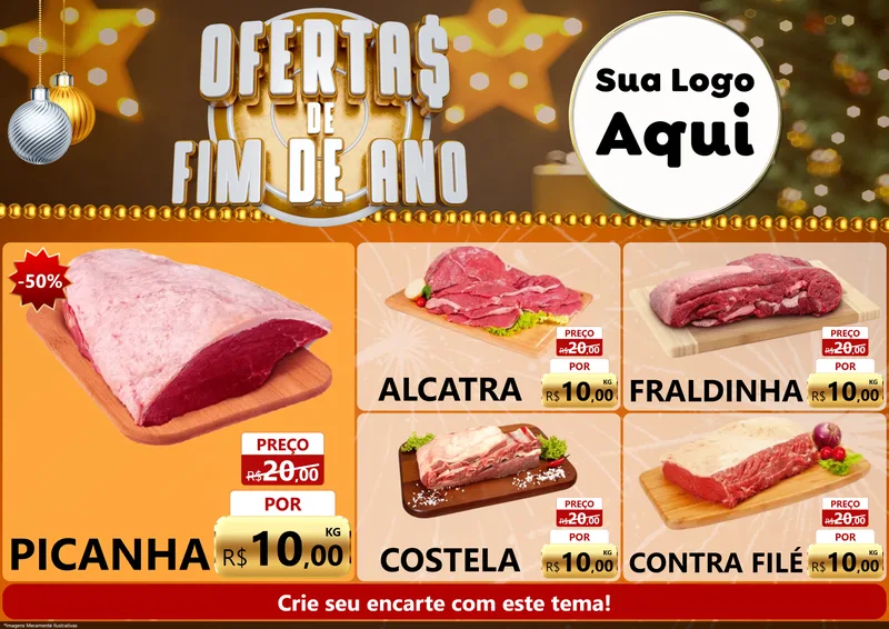 Modelo de Encarte para Encarte A4 Horizontal com o tema Ofertas de Fim de Ano para Açougue