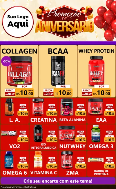 Modelo de Encarte para Encarte Grande com o tema Promoção de Aniversário para Suplementos alimentares