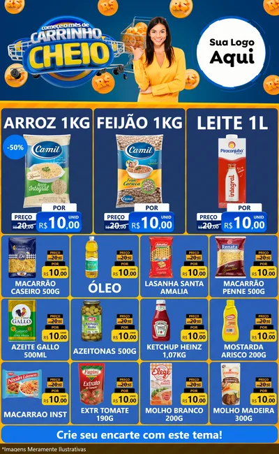 Modelo de Encarte para Encarte Grande com o tema Comece O Mês de Carrinho Cheio para Supermercado