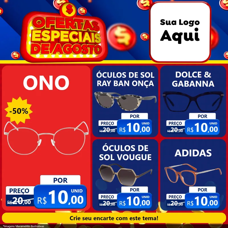 Modelo de Rede Social para Feed Facebook com o tema Ofertas Especiais de Agosto para Óticas