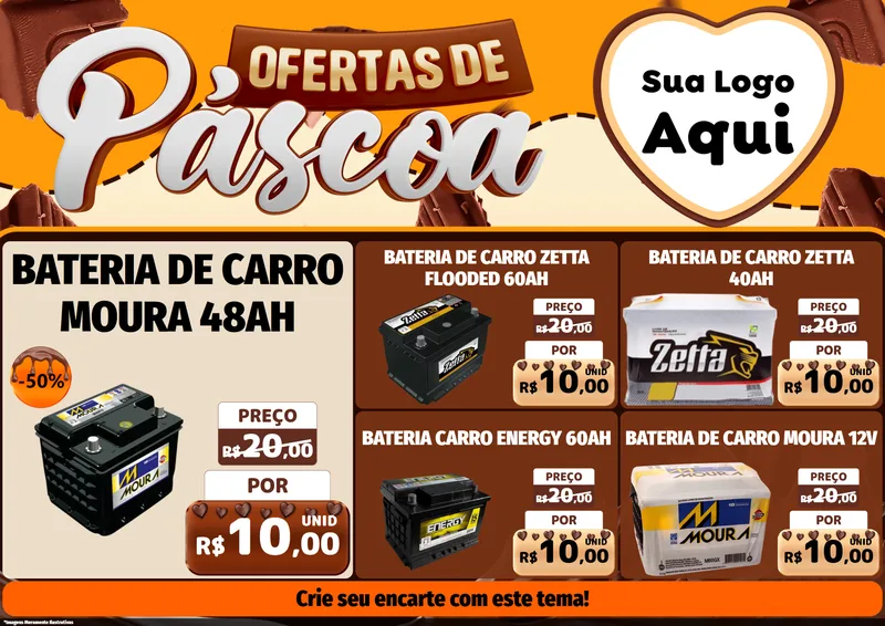 Modelo de Encarte para Encarte A4 Horizontal com o tema Ofertas de Páscoa para Baterias Elétricas
