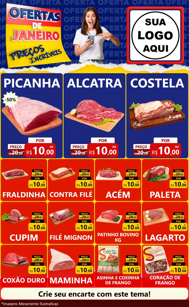 Modelo de Encarte para Encarte Grande com o tema Ofertas de Janeiro - Preços Incríveis para Açougue