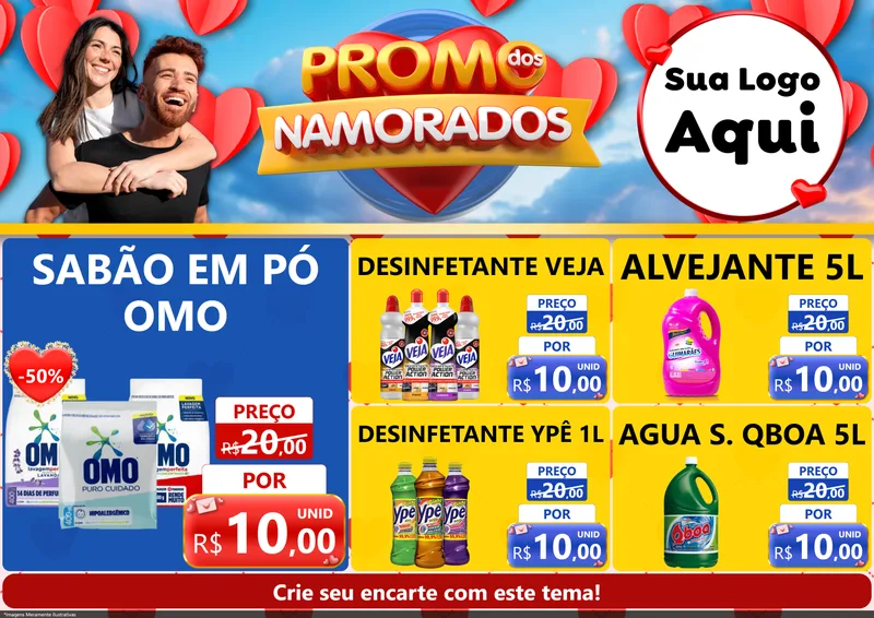 Modelo de Encarte para Encarte A4 Horizontal com o tema Promo dos Namorados para Produtos de Limpeza