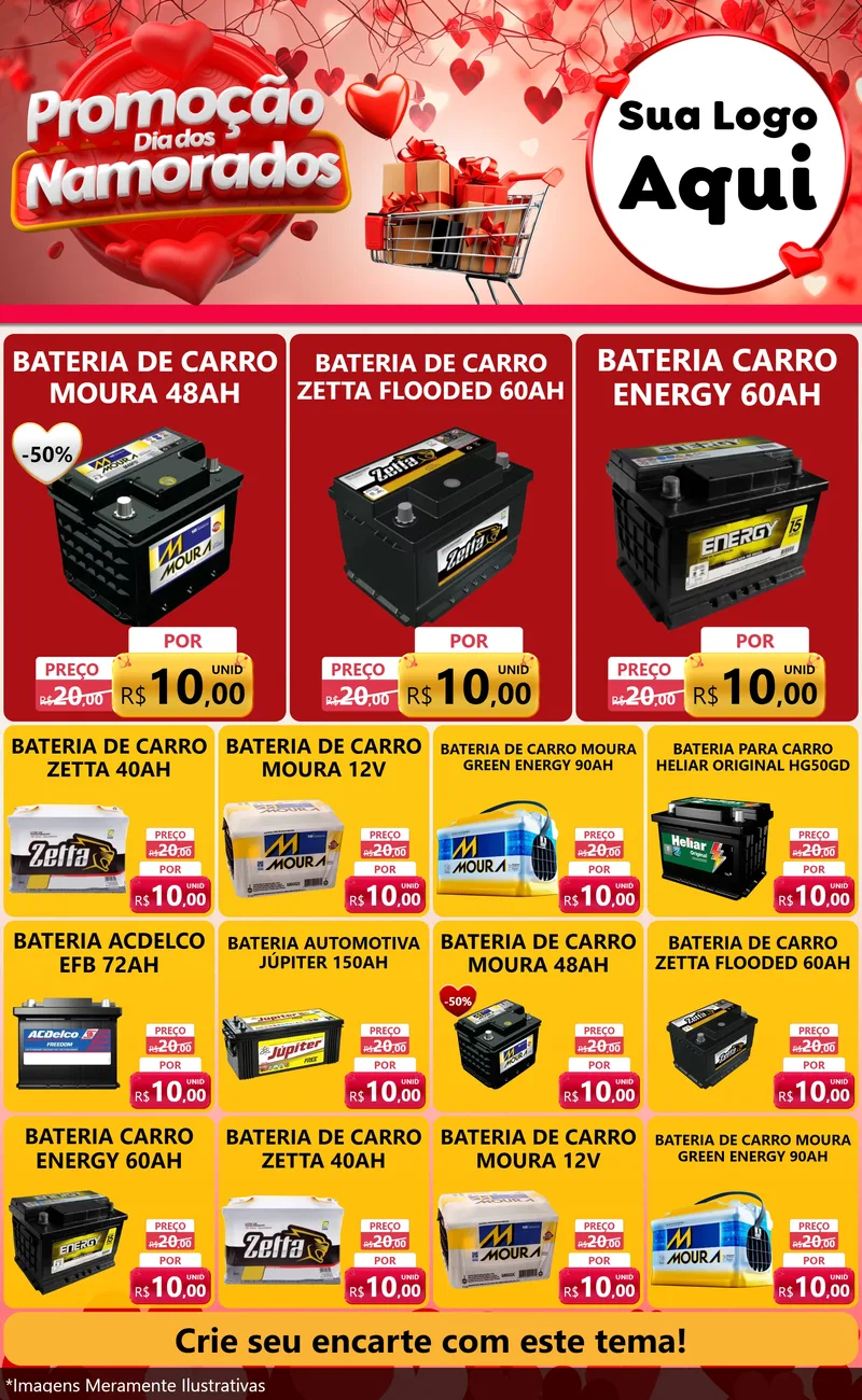 Modelo de Encarte para Encarte Grande com o tema Promoção Dia dos Namorados para Baterias Elétricas