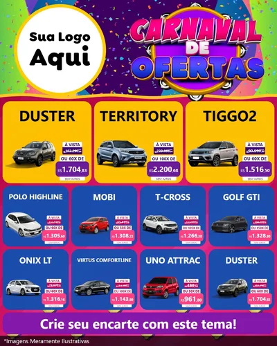 Modelo de Rede Social para Feed Instagram com o tema Carnaval de Ofertas para Concessionaria de Carros