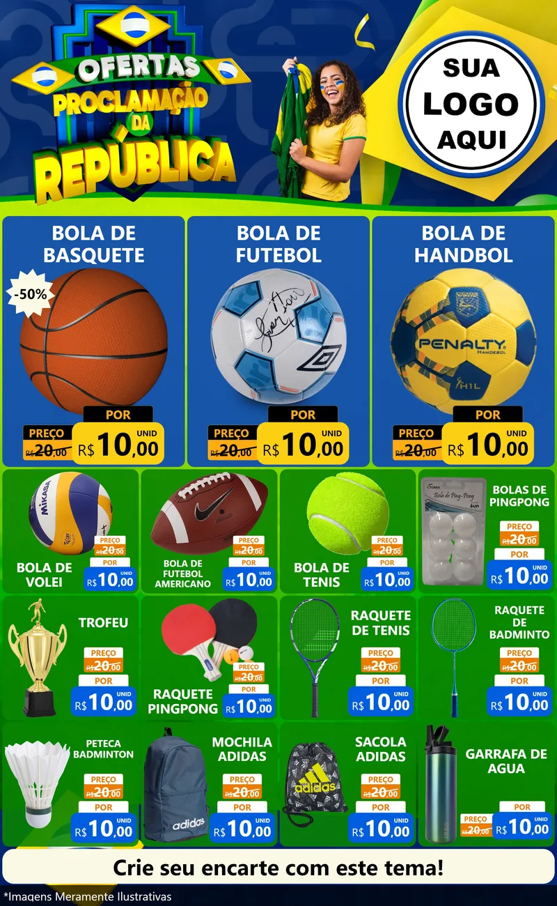 Modelo de Encarte para Encarte Grande com o tema Ofertas Proclamação da República para Artigos Esportivos