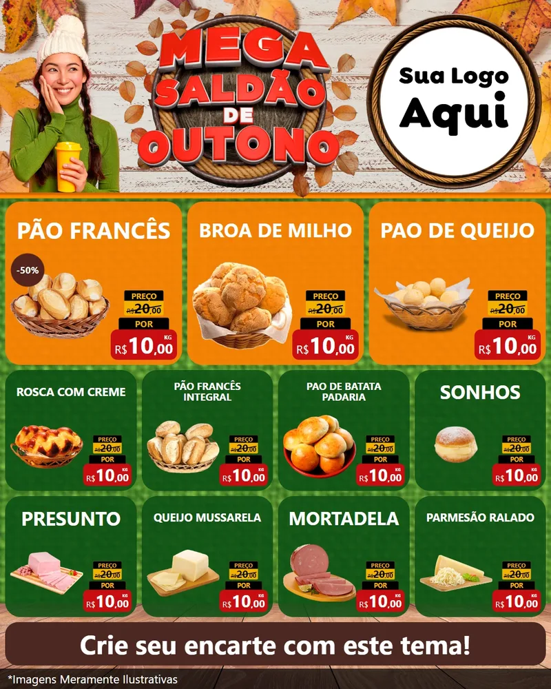 Modelo de Rede Social para Feed Instagram com o tema Mega Saldão de Outono para Padaria