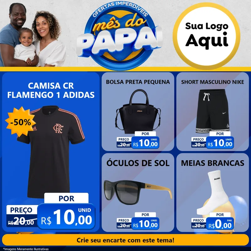 Modelo de Rede Social para Feed Facebook com o tema Ofertas Imperdíveis Mês Do Papai para Roupas e acessórios
