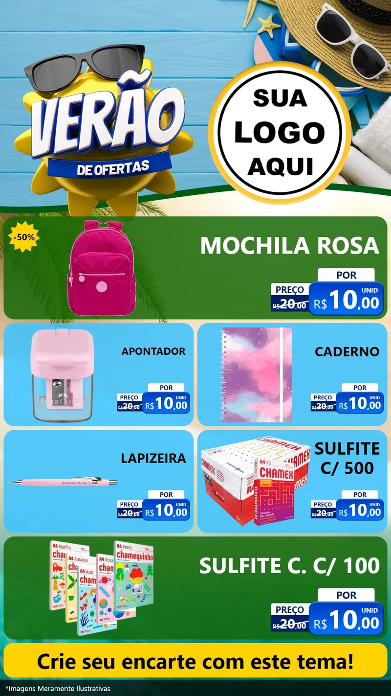 Modelo de TV para TV Vertical com o tema Verão de Ofertas para Papelaria