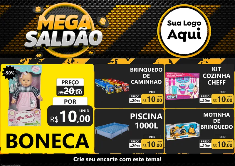 Modelo de Encarte para Encarte A4 Horizontal com o tema Mega Saldão para Brinquedos