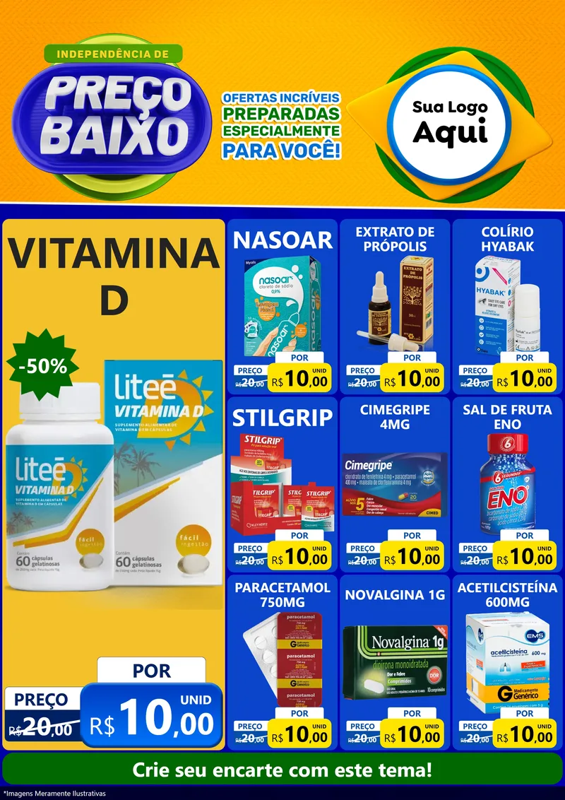 Modelo de Encarte para Encarte A4 Vertical com o tema Independência de Preço Baixo para Farmácia