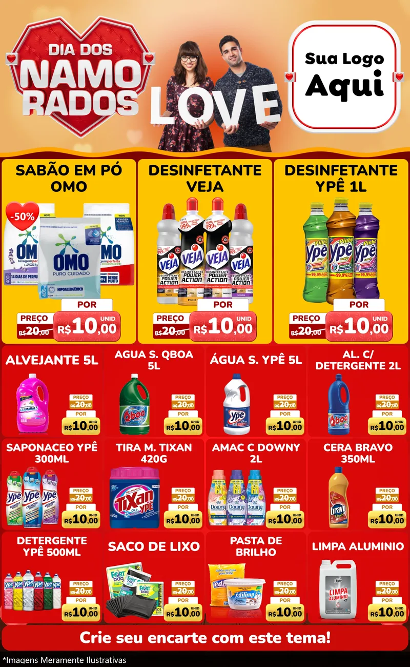 Modelo de Encarte para Encarte Grande com o tema Dia dos Namorados para Produtos de Limpeza