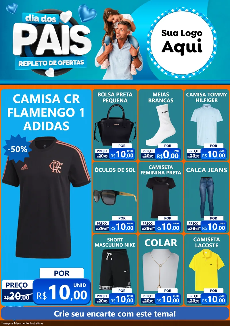 Modelo de Encarte para Encarte A4 Vertical com o tema Dia Dos Pais Repleto de Ofertas para Roupas e acessórios