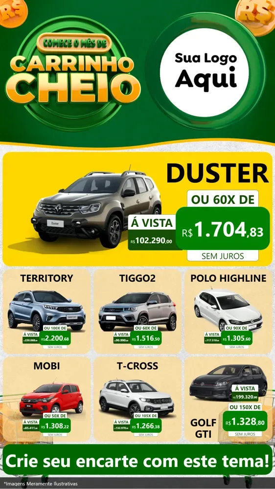 Modelo de Rede Social para Stories com o tema Carrinho Cheio para Concessionaria de Carros
