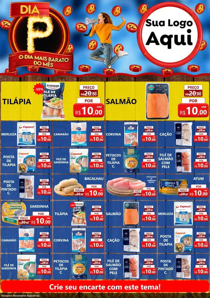 Modelo de Encarte para Encarte A4 Vertical com o tema Dia P - O Dia Mais Barato Do Mês para Peixaria