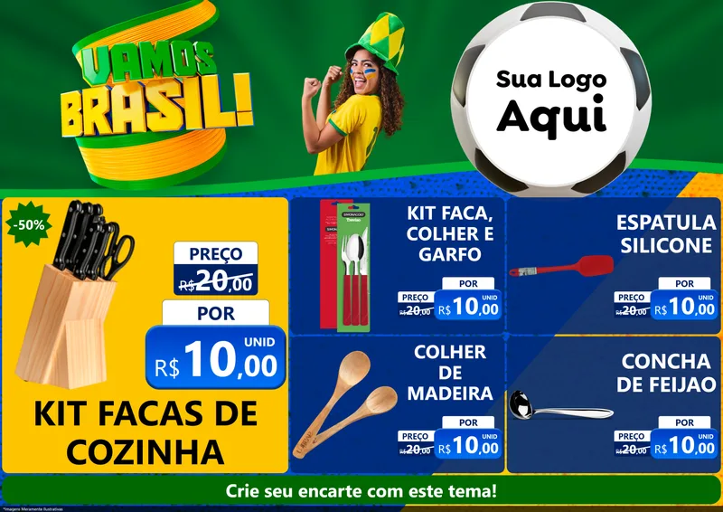 Modelo de Encarte para Encarte A4 Horizontal com o tema Vamos Brasil - Copa para Utilidades Domésticas