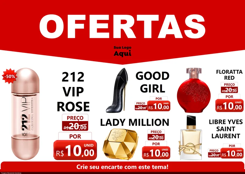 Modelo de Encarte para Encarte A4 Horizontal com o tema Ofertas Vermelho Cartaz para Perfumes