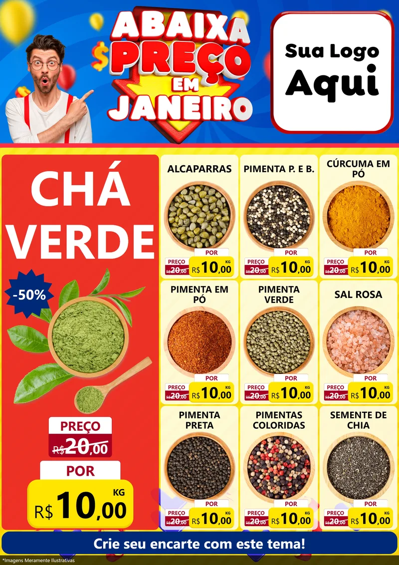 Modelo de Encarte para Encarte A4 Vertical com o tema Abaixa Preço em Janeiro para Produtos Naturais