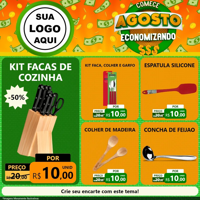Modelo de Rede Social para Feed Facebook com o tema Comece Agosto Economizando para Utilidades Domésticas