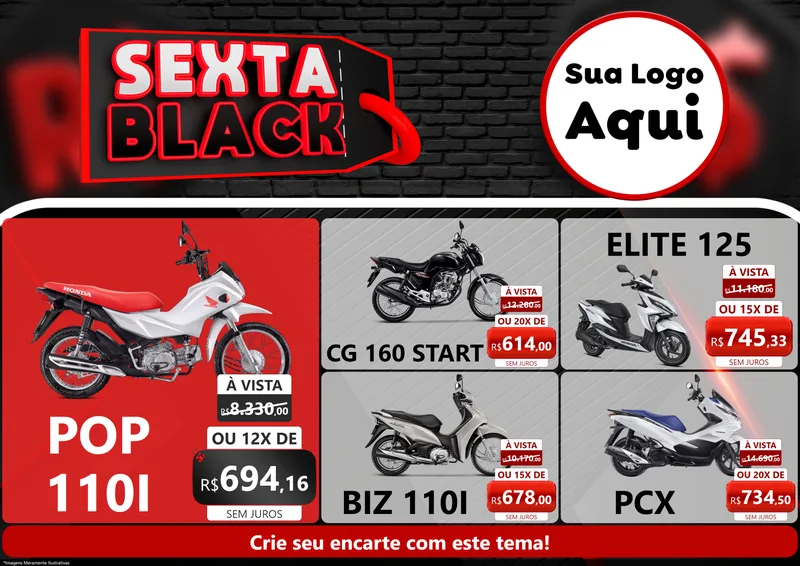 Modelo de Encarte para Encarte A4 Horizontal com o tema Sexta Black para Concessionaria de Motos