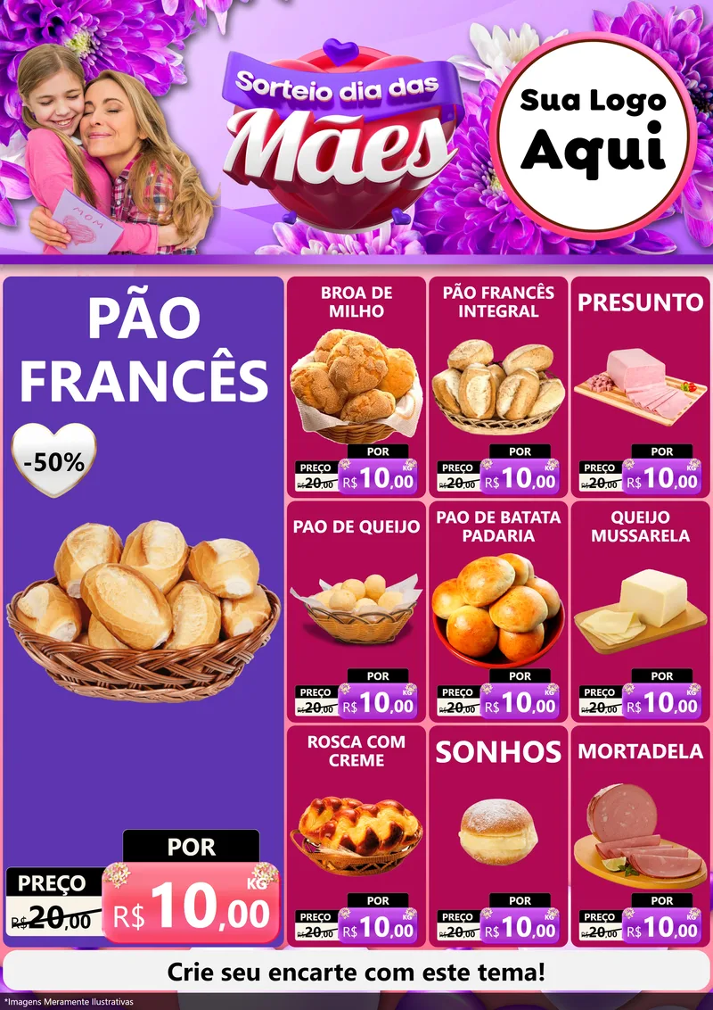 Modelo de Encarte para Encarte A4 Vertical com o tema Sorteio Dia das Mães para Padaria