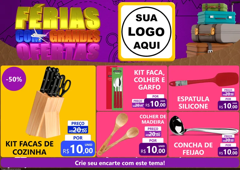 Modelo de Encarte para Encarte A4 Horizontal com o tema Férias com Grandes Ofertas para Utilidades Domésticas