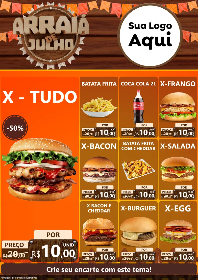 Modelo de Encarte para Encarte A4 Vertical com o tema Arraiá de Julho - Junina para Hamburgueria