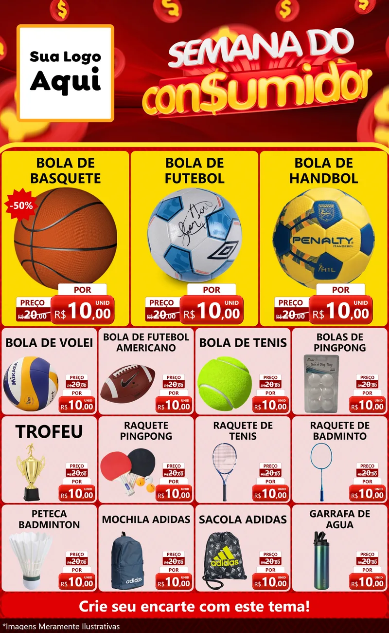 Modelo de Encarte para Encarte Grande com o tema Semana do Consumidor para Artigos Esportivos