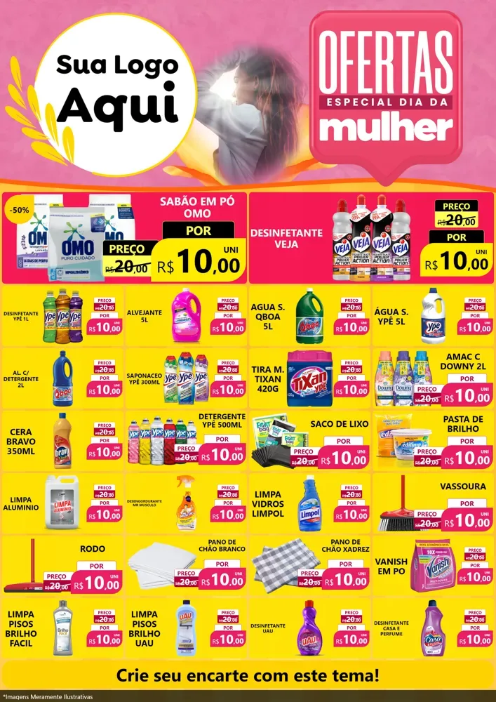 Modelo de Encarte para Encarte A4 Vertical com o tema Ofertas - Especial Dia Das Mulheres para Produtos de Limpeza