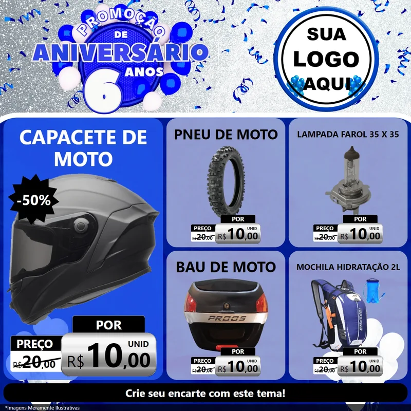 Modelo de Rede Social para Feed Facebook com o tema Promoção de Aniversário - 6 Anos para Moto peças