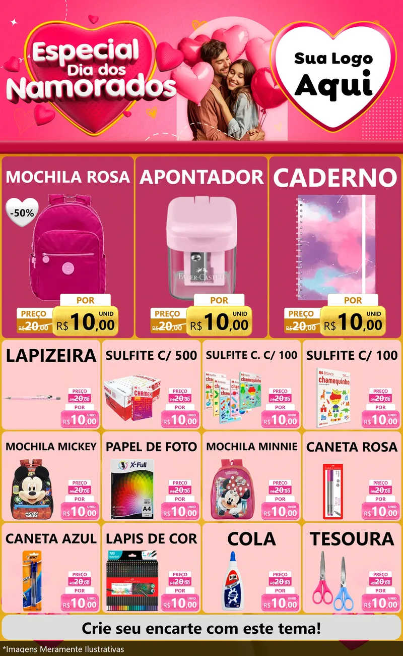 Modelo de Encarte para Encarte Grande com o tema Especial Dia dos Namorados para Papelaria