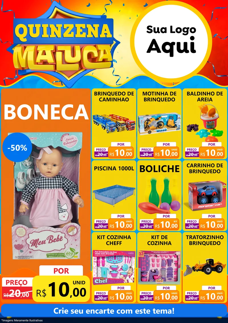 Modelo de Encarte para Encarte A4 Vertical com o tema Quinzena Maluca para Brinquedos