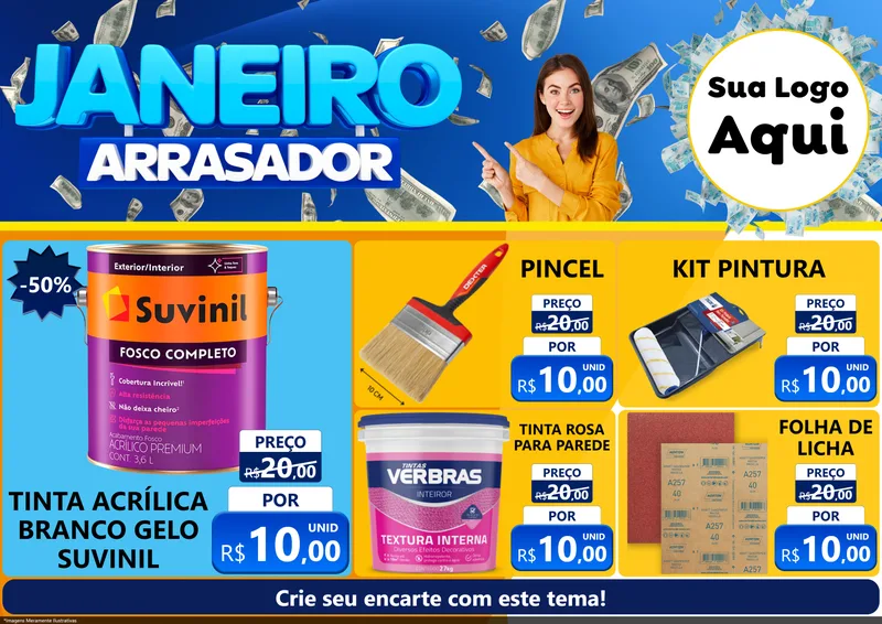 Modelo de Encarte para Encarte A4 Horizontal com o tema Janeiro Arrasador para Tintas e Ferramentas