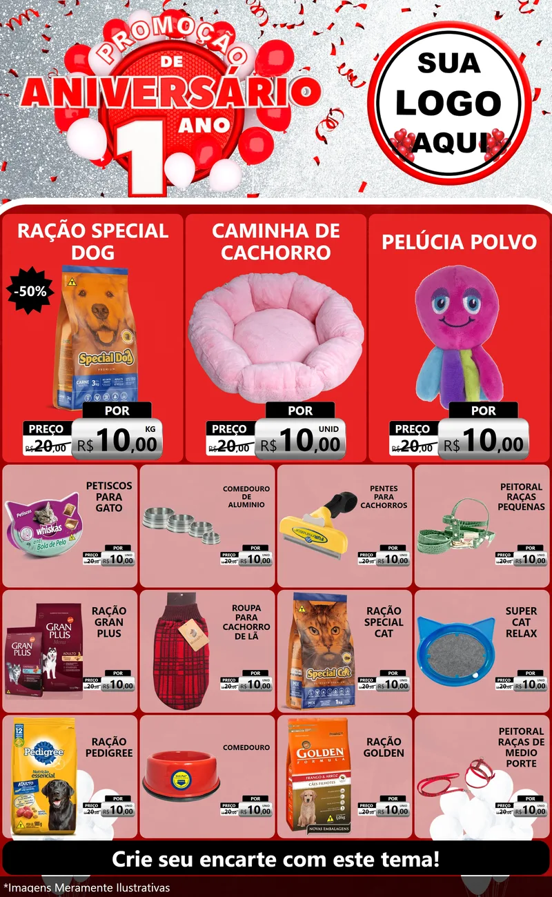 Modelo de Encarte para Encarte Grande com o tema Promoção de Aniversário - 1 Ano para Pet Shop