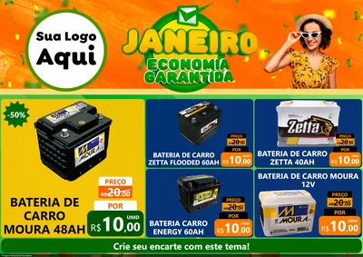 Modelo de Encarte para Encarte A4 Horizontal com o tema Janeiro - Economia Garantida para Baterias Elétricas
