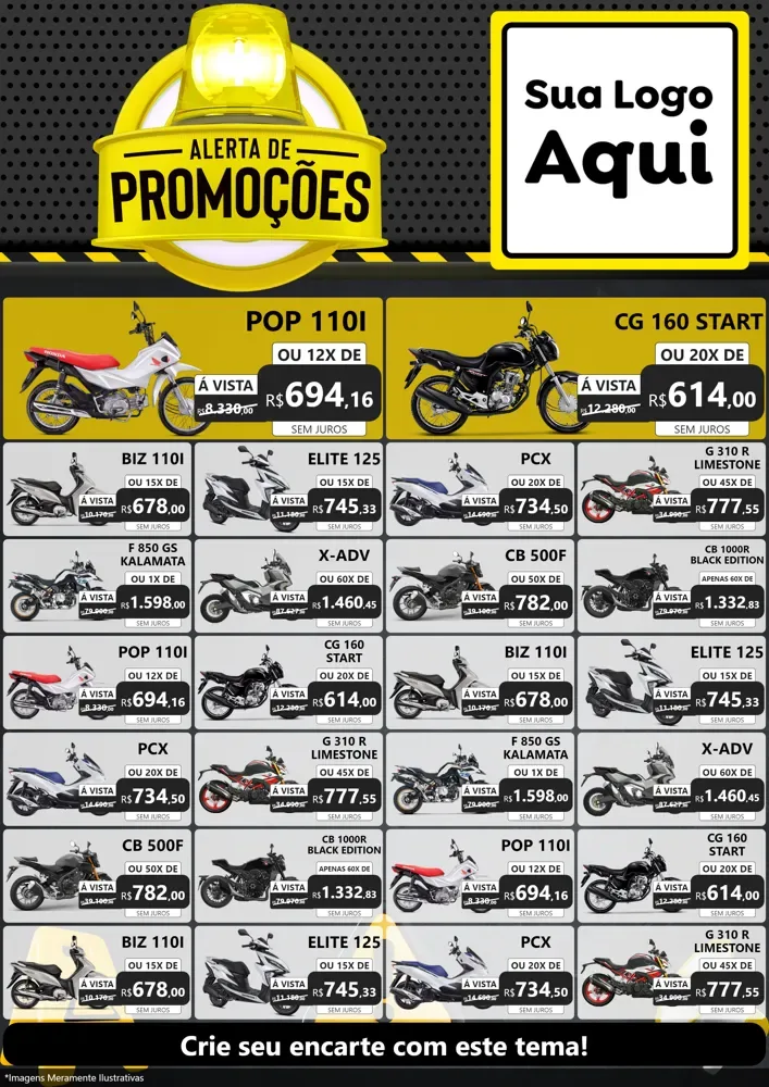 Modelo de Encarte para Encarte A4 Vertical com o tema Alerta de Promoções para Concessionaria de Motos