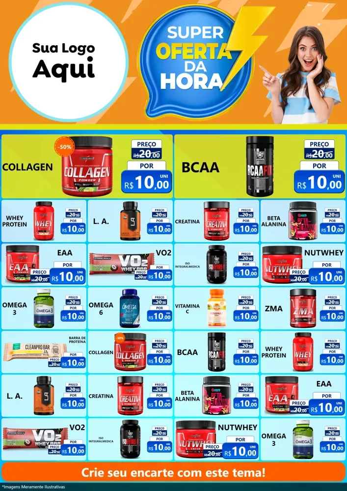 Modelo de Encarte para Encarte A4 Vertical com o tema Super Oferta da Hora para Suplementos alimentares