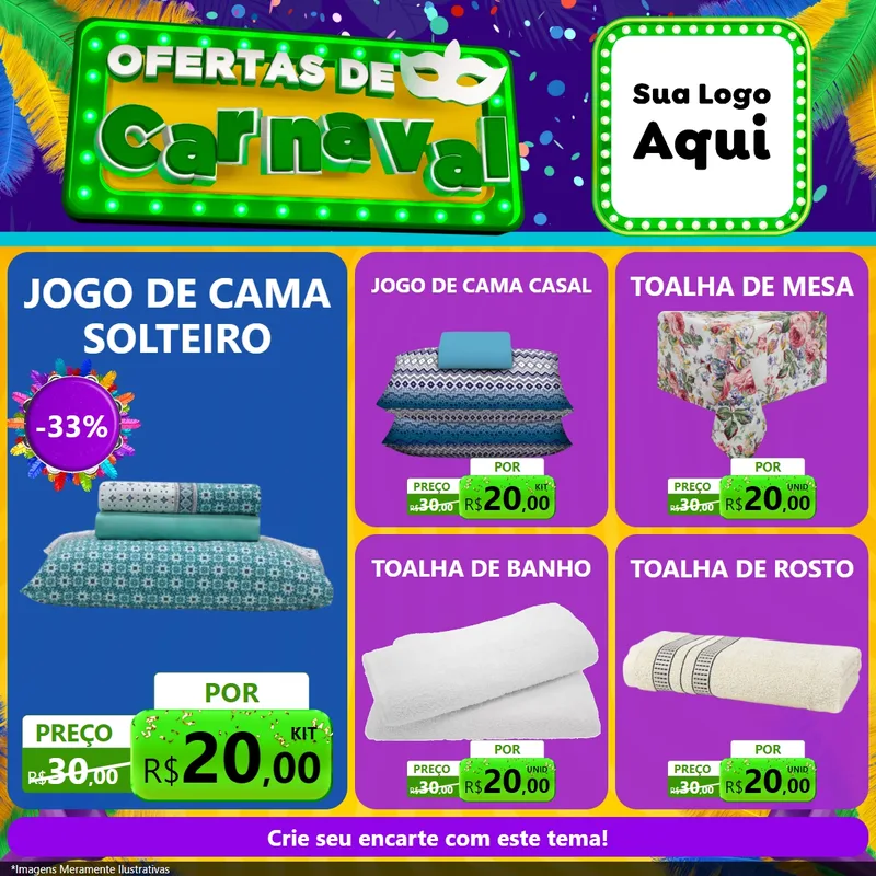 Modelo de Rede Social para Feed Facebook com o tema Ofertas de Carnaval para Cama, Mesa e Banho