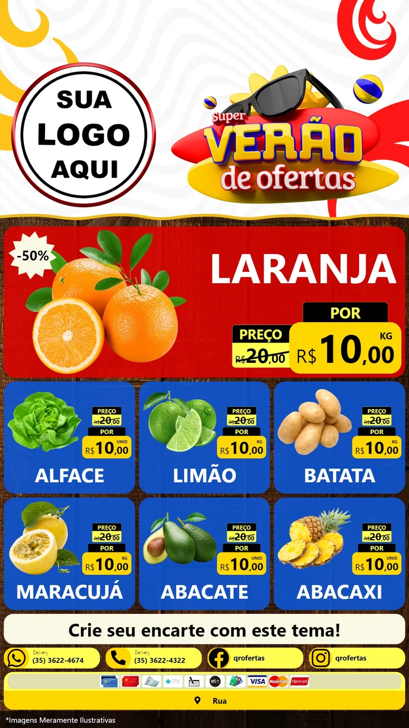 Modelo de Rede Social para Stories com o tema Super Verão de Ofertas para Hortifrúti