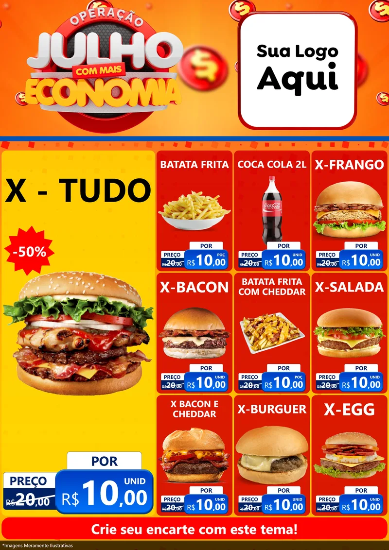 Modelo de Encarte para Encarte A4 Vertical com o tema Operação Julho Com Mais Economia para Hamburgueria