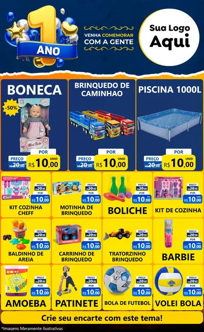Modelo de Encarte para Encarte Grande com o tema Um Ano de Aniversário para Brinquedos
