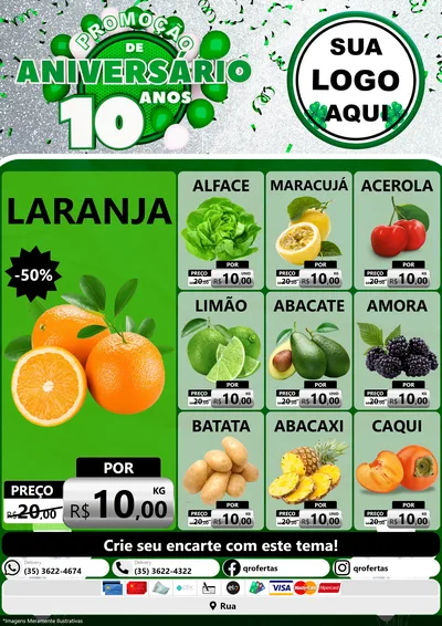Modelo de Encarte para Encarte A4 Vertical com o tema Promoção de Aniversário - 10 Anos para Hortifrúti