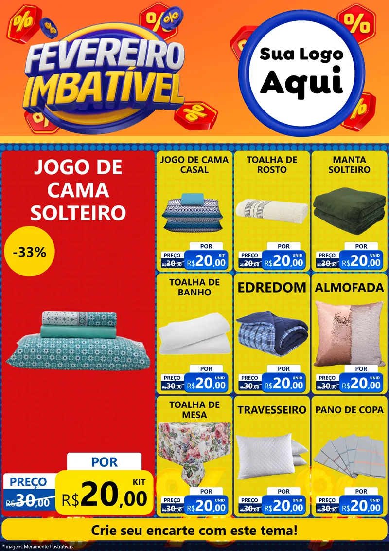Modelo de Encarte para Encarte A4 Vertical com o tema Fevereiro Imbatível para Cama, Mesa e Banho