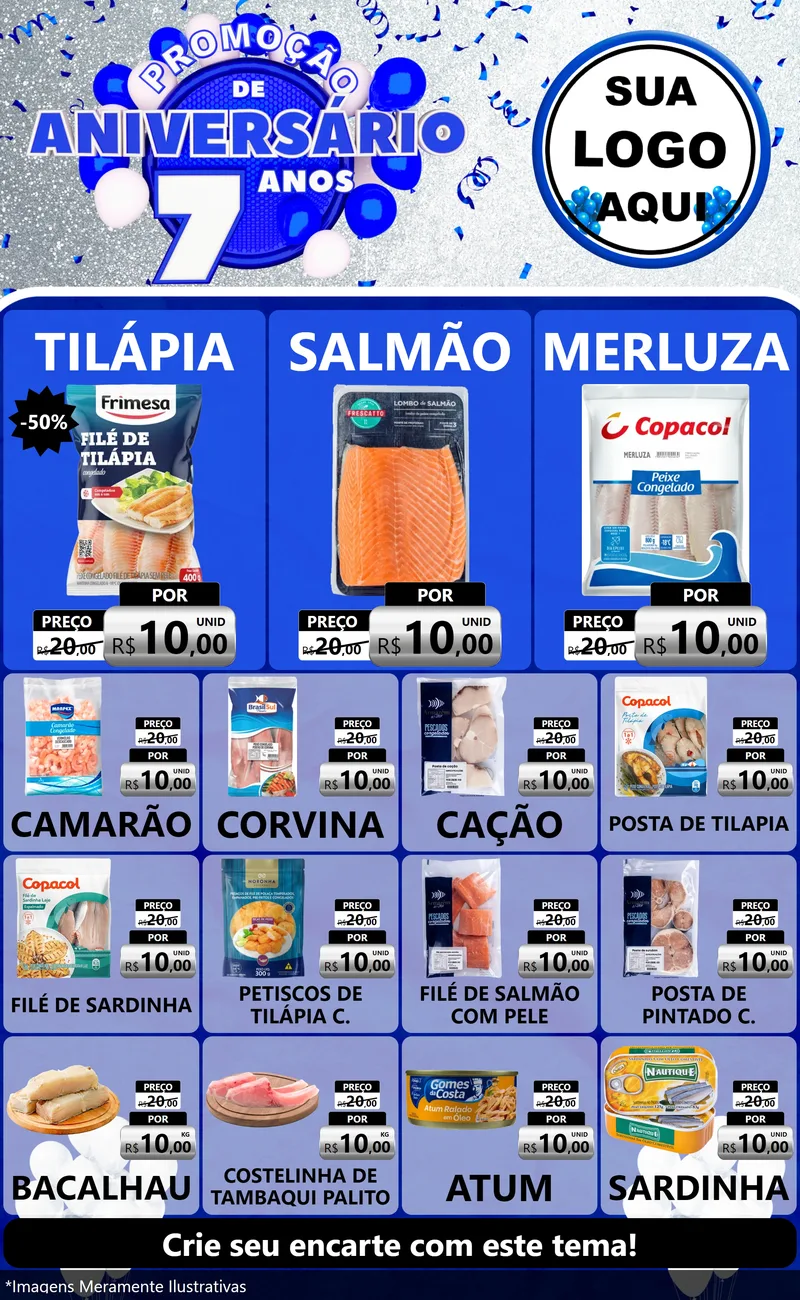 Modelo de Encarte para Encarte Grande com o tema Promoção de Aniversário - 7 Anos para Peixaria