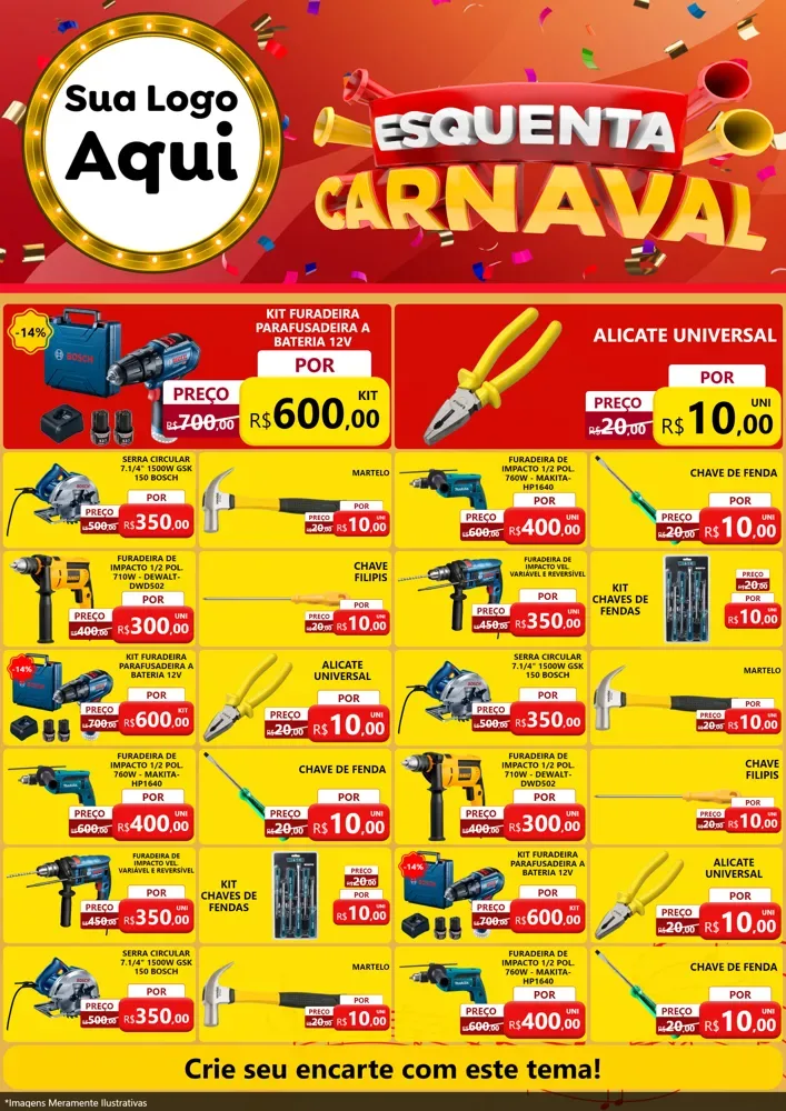 Modelo de Encarte para Encarte A4 Vertical com o tema Esquenta Carnaval para Maquinas e Ferramentas
