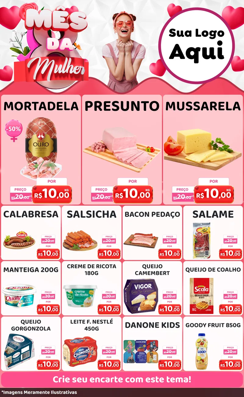Modelo de Encarte para Encarte Grande com o tema Mês da Mulher para Frios e Laticínios