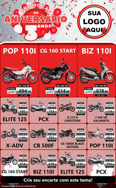 Modelo de Encarte para Encarte Grande com o tema Promoção de Aniversário - 3 Anos para Concessionaria de Motos