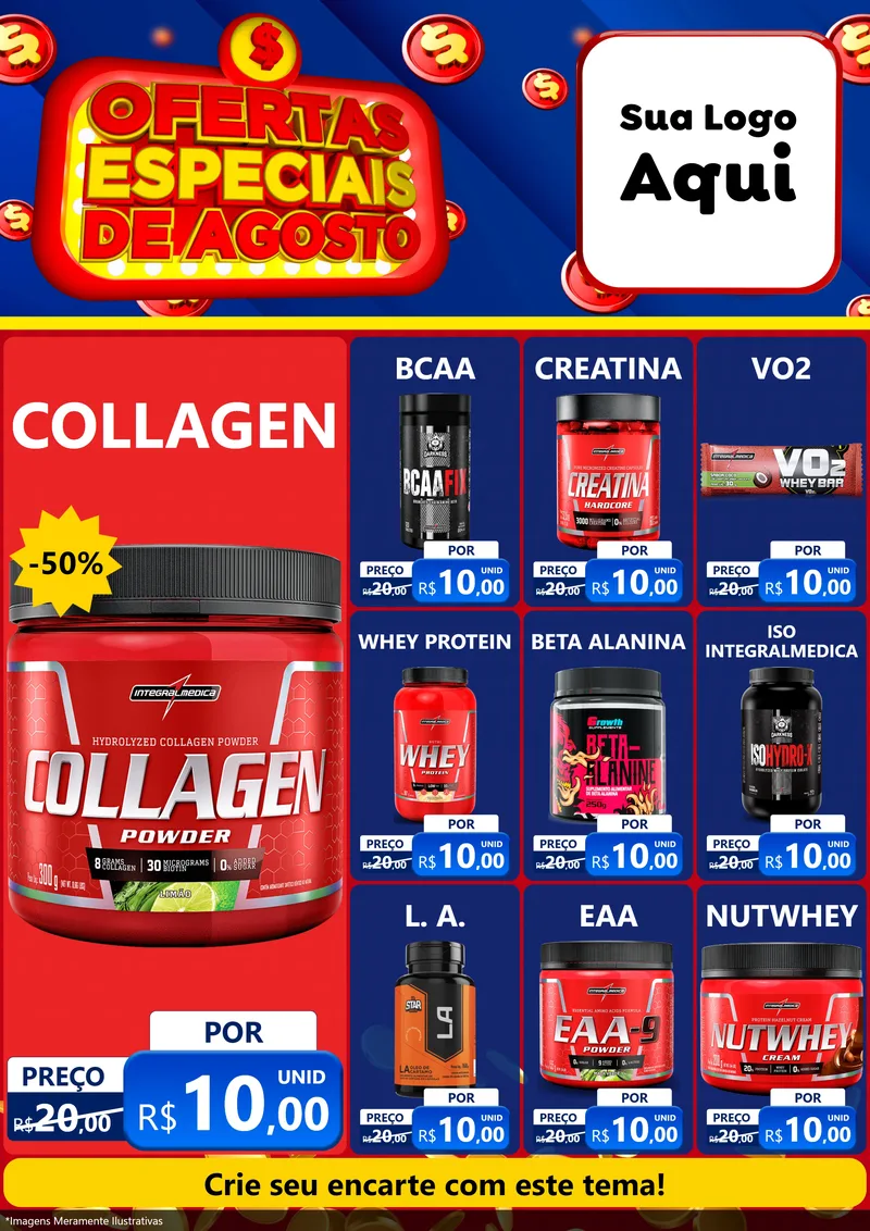 Modelo de Encarte para Encarte A4 Vertical com o tema Ofertas Especiais de Agosto para Suplementos alimentares