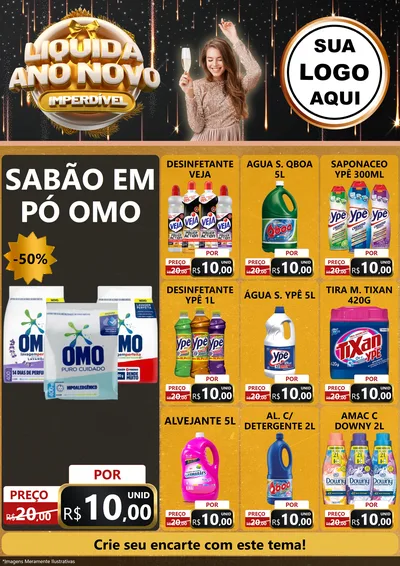 Modelo de Encarte para Encarte A4 Vertical com o tema Liquida Ano Novo Imperdível para Produtos de Limpeza