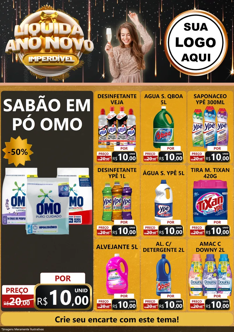 Modelo de Encarte para Encarte A4 Vertical com o tema Liquida Ano Novo Imperdível para Produtos de Limpeza